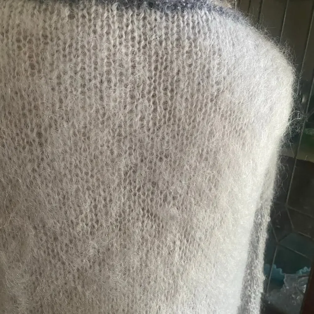 Vintage 70s 80s Handmade Mohair Wool Blend Sweater Fuzzy Knit Tunic Gray Long